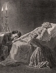 Jean Valjeans død mellem Cosette og Marius - illustration fra Les Misérables, 19. århundrede